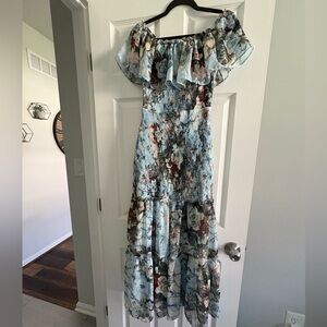 Baltic Born Light Blue Floral Off-Shoulder Ruffle Maxi Dress